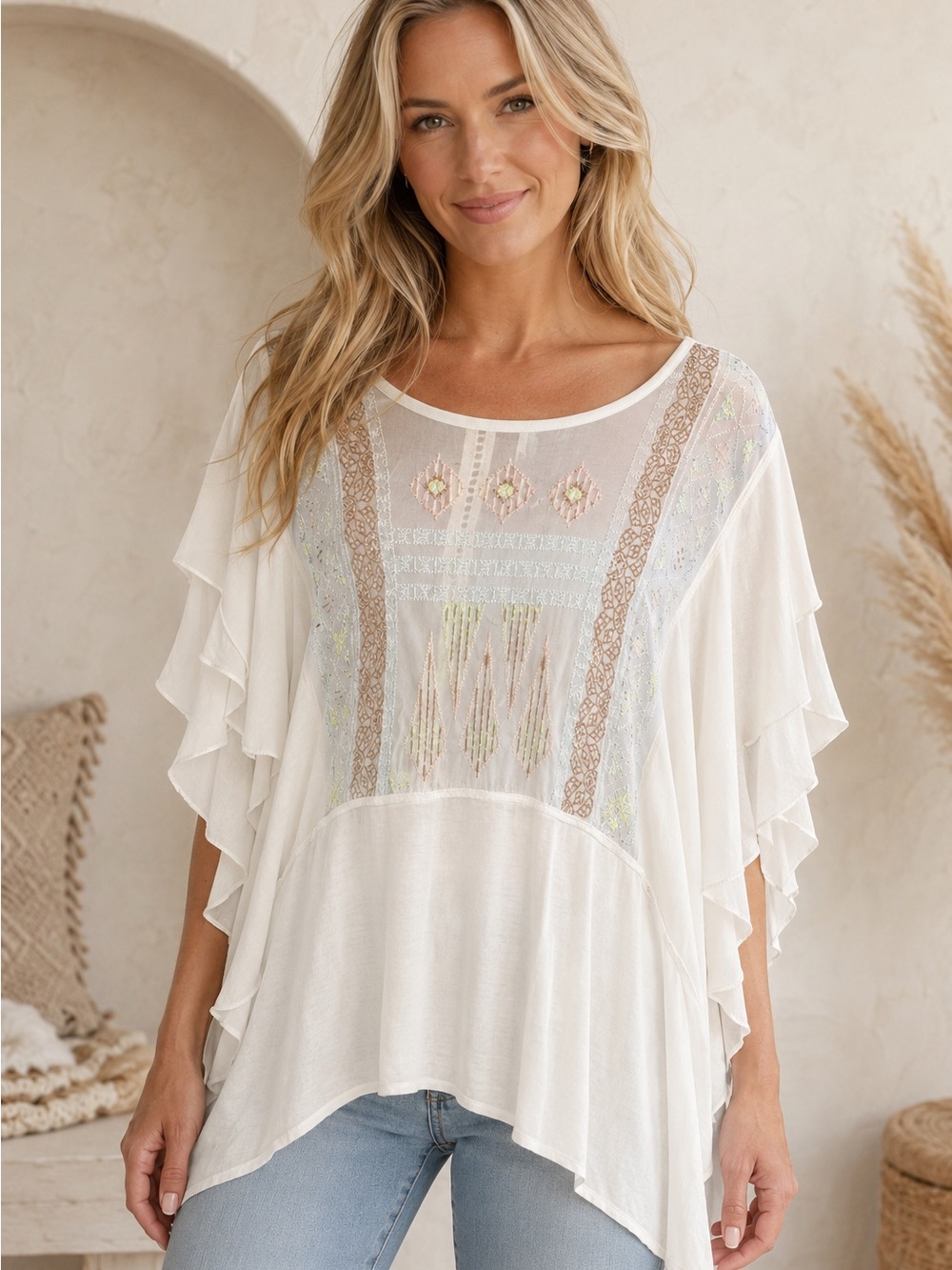 Free People Ivory Boho Embroidered Ruffle Tunic